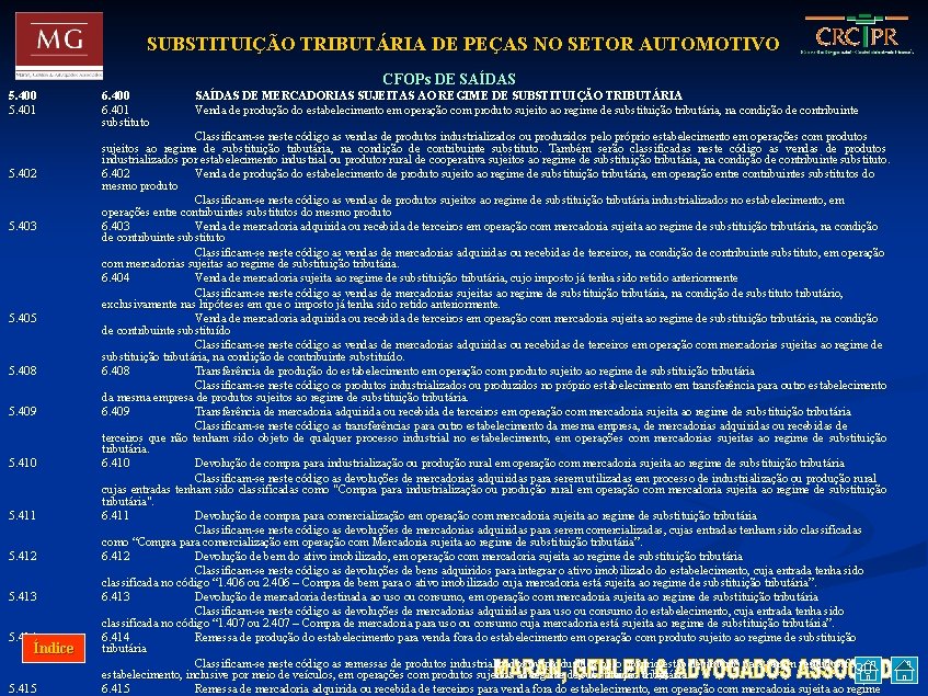 SUBSTITUIÇÃO TRIBUTÁRIA DE PEÇAS NO SETOR AUTOMOTIVO CFOPs DE SAÍDAS 5. 400 5. 401
