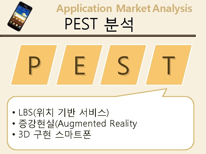 Application Market Analysis PEST 분석 P E S • LBS(위치 기반 서비스) • 증강현실(Augmented