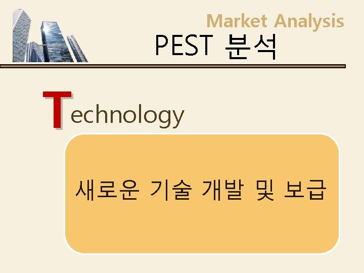 Market Analysis PEST 분석 Technology 새로운 기술 개발 및 보급 