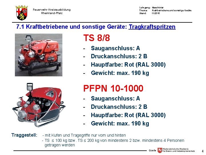 Lehrgang: Maschinist Thema: Kraftbetriebene und sonstige Geräte Stand: 11/2015 Feuerwehr-Kreisausbildung Rheinland-Pfalz 7. 1 Kraftbetriebene