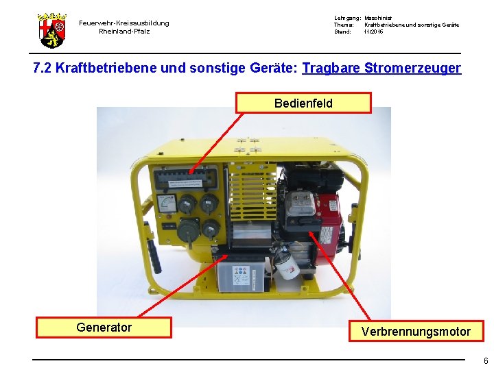 Lehrgang: Maschinist Thema: Kraftbetriebene und sonstige Geräte Stand: 11/2015 Feuerwehr-Kreisausbildung Rheinland-Pfalz 7. 2 Kraftbetriebene