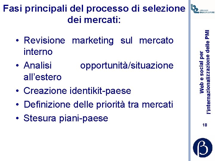  • Revisione marketing sul mercato interno • Analisi opportunità/situazione all’estero • Creazione identikit-paese