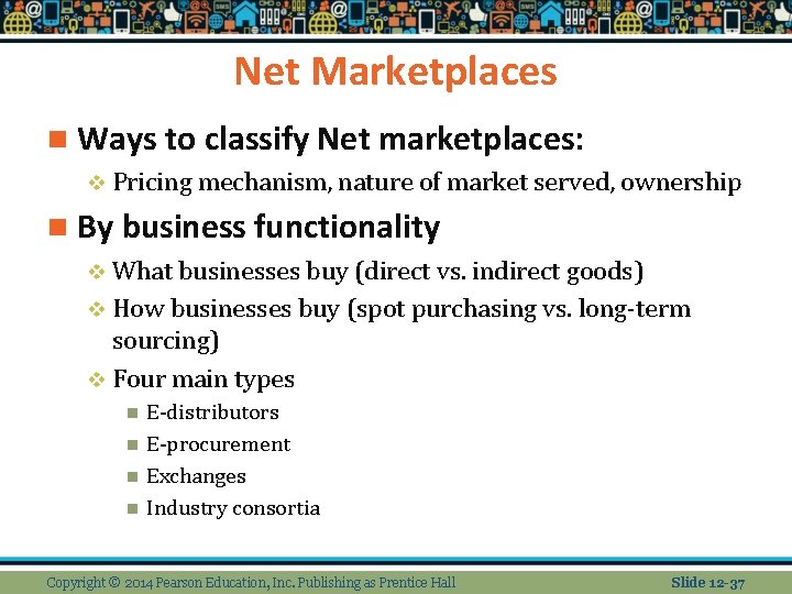 Net Marketplaces n Ways to classify Net marketplaces: v Pricing mechanism, nature of market