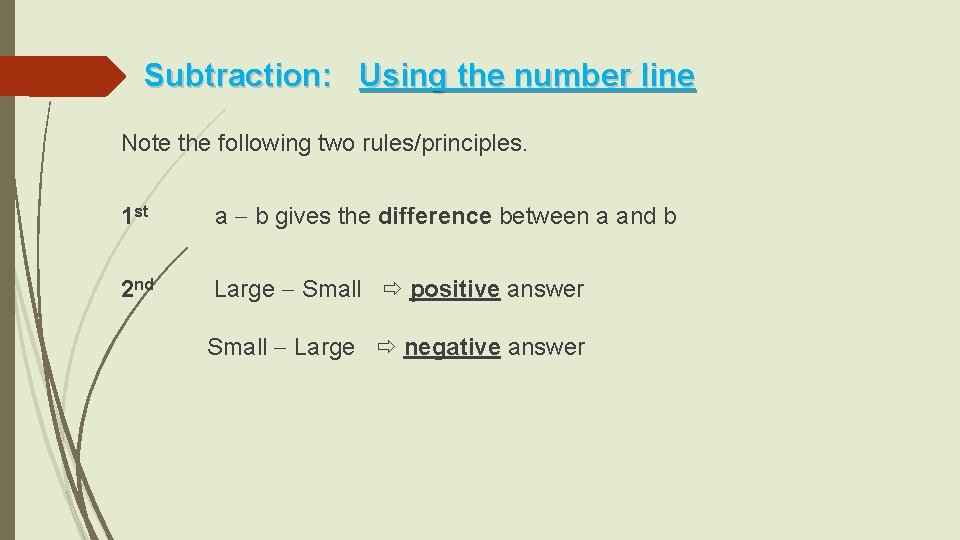 Subtraction: Using the number line Note the following two rules/principles. 1 st a b