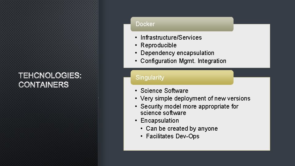 Docker • • TEHCNOLOGIES: CONTAINERS Infrastructure/Services Reproducible Dependency encapsulation Configuration Mgmt. Integration Singularity •