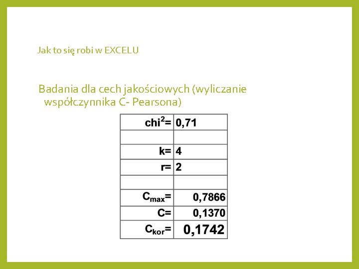 Jak to się robi w EXCELU Badania dla cech jakościowych (wyliczanie współczynnika C- Pearsona)