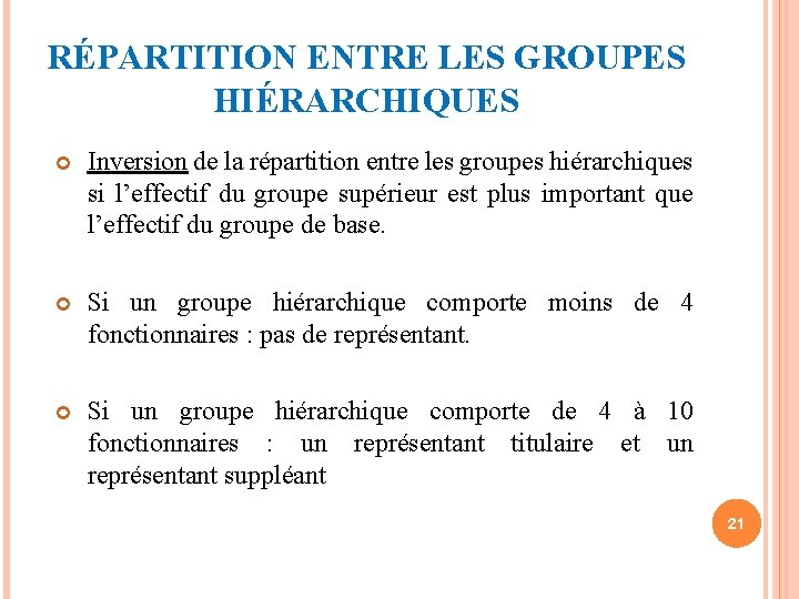 RÉPARTITION ENTRE LES GROUPES HIÉRARCHIQUES Inversion de la répartition entre les groupes hiérarchiques si