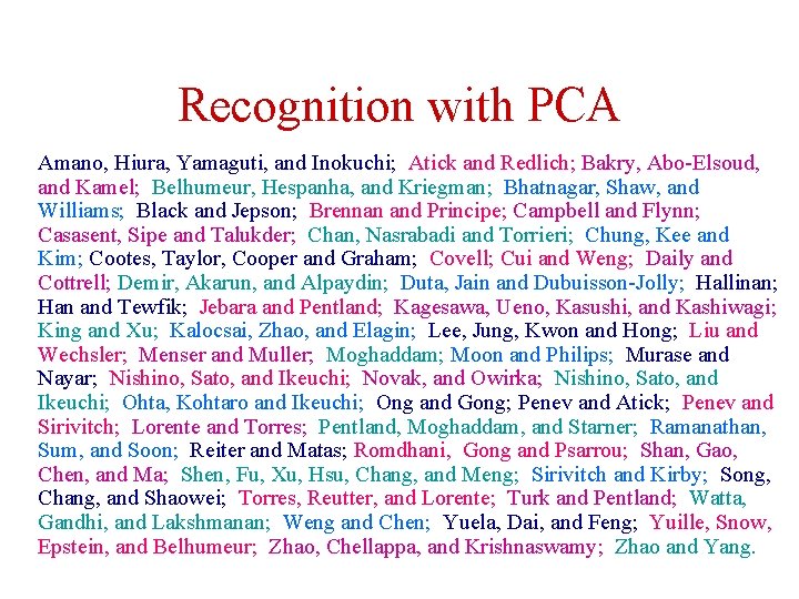 Recognition with PCA Amano, Hiura, Yamaguti, and Inokuchi; Atick and Redlich; Bakry, Abo-Elsoud, and