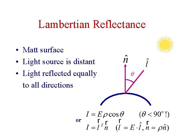 Lambertian Reflectance • Matt surface • Light source is distant • Light reflected equally