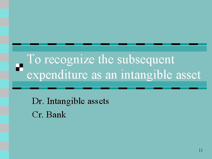 To recognize the subsequent expenditure as an intangible asset Dr. Intangible assets Cr. Bank