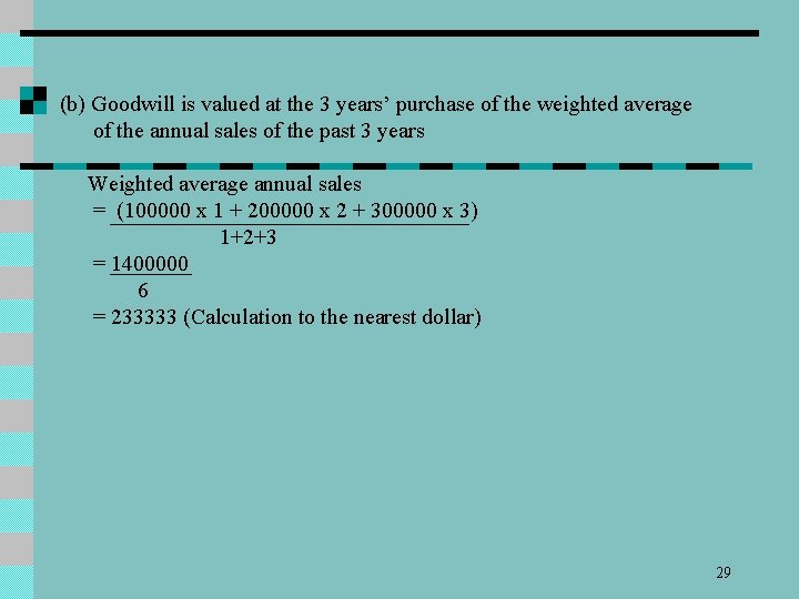 (b) Goodwill is valued at the 3 years’ purchase of the weighted average of