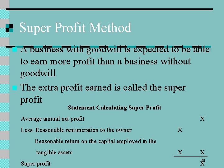 Super Profit Method A business with goodwill is expected to be able to earn