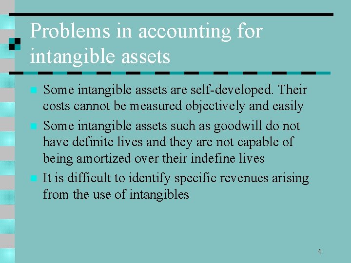 Problems in accounting for intangible assets n n n Some intangible assets are self-developed.