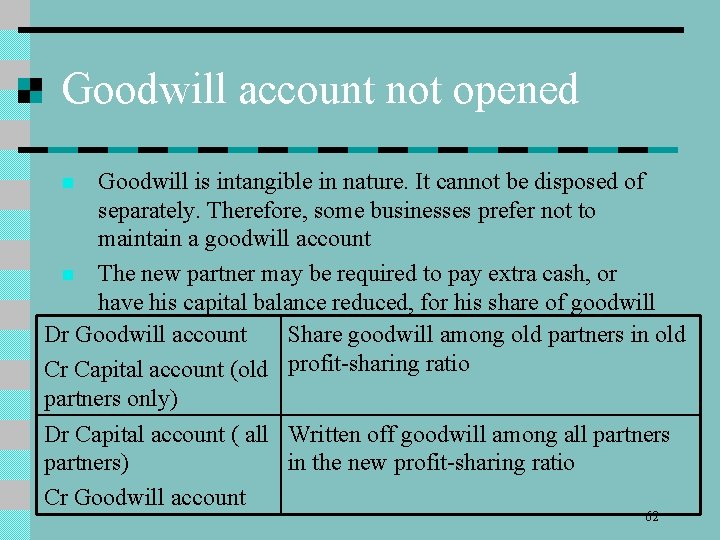 Goodwill account not opened Goodwill is intangible in nature. It cannot be disposed of