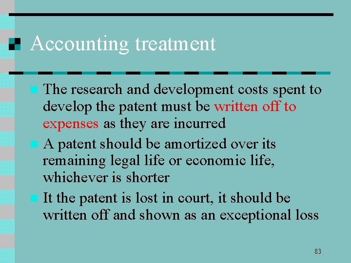 Accounting treatment The research and development costs spent to develop the patent must be