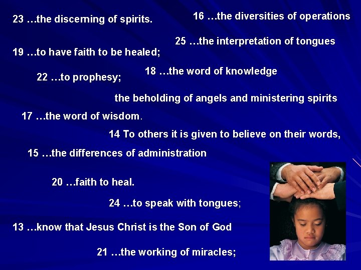 23 …the discerning of spirits. 19 …to have faith to be healed; 22 …to