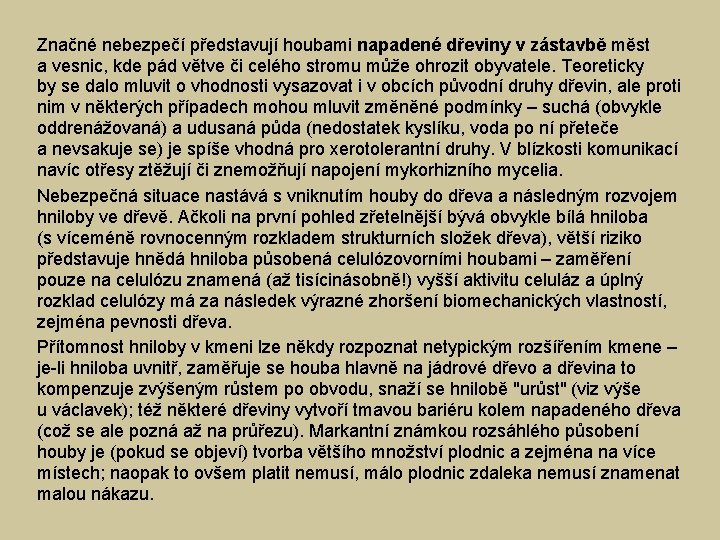 Značné nebezpečí představují houbami napadené dřeviny v zástavbě měst a vesnic, kde pád větve