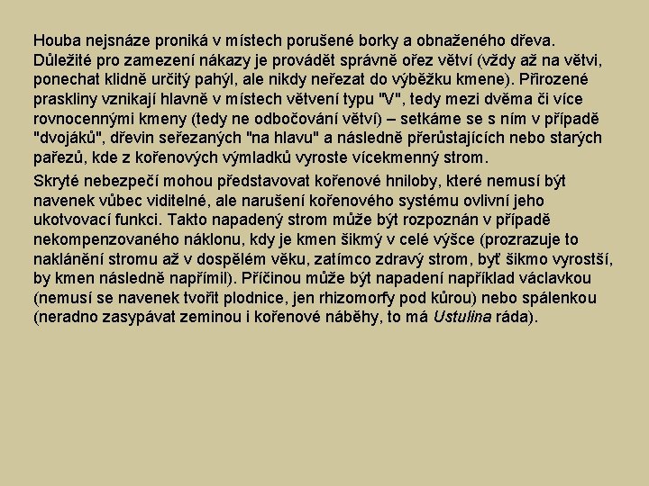 Houba nejsnáze proniká v místech porušené borky a obnaženého dřeva. Důležité pro zamezení nákazy