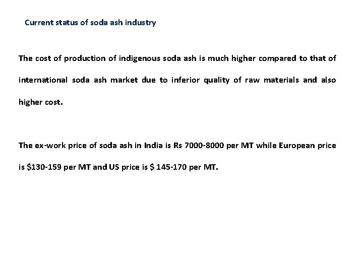 Current status of soda ash industry The cost of production of indigenous soda ash