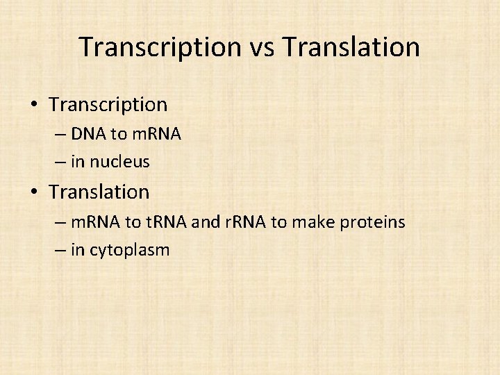 Transcription vs Translation • Transcription – DNA to m. RNA – in nucleus •