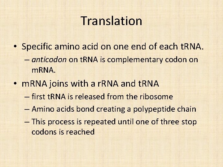 Translation • Specific amino acid on one end of each t. RNA. – anticodon