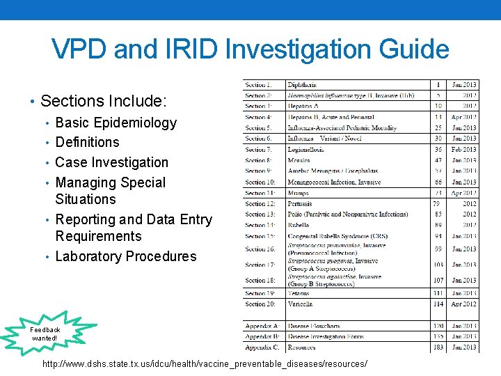 VPD and IRID Investigation Guide • Sections Include: • Basic Epidemiology • Definitions •