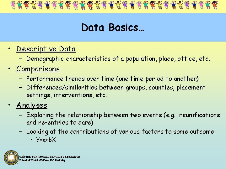 Data Basics… • Descriptive Data – Demographic characteristics of a population, place, office, etc.