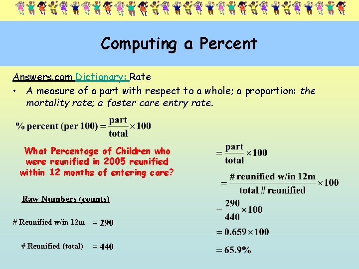 Computing a Percent Answers. com Dictionary: Rate • A measure of a part with