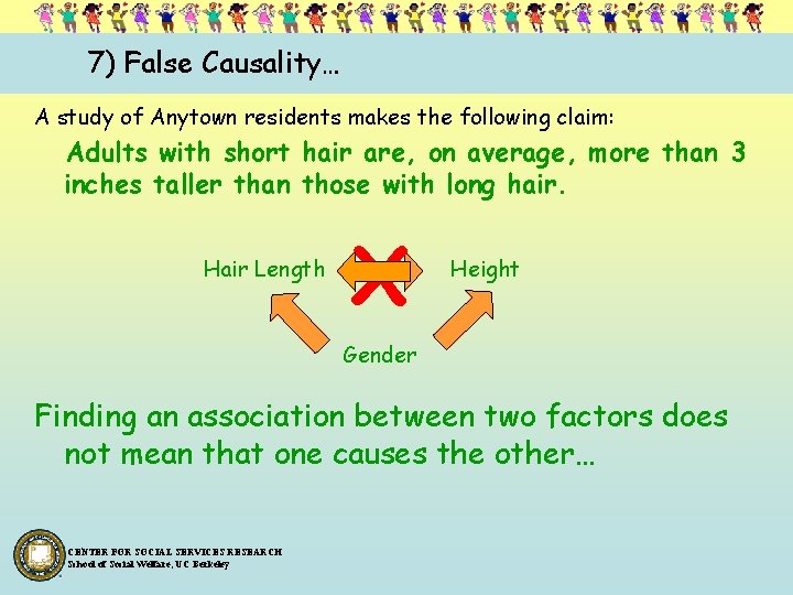 7) False Causality… A study of Anytown residents makes the following claim: Adults with