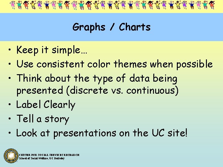 Graphs / Charts • Keep it simple… • Use consistent color themes when possible