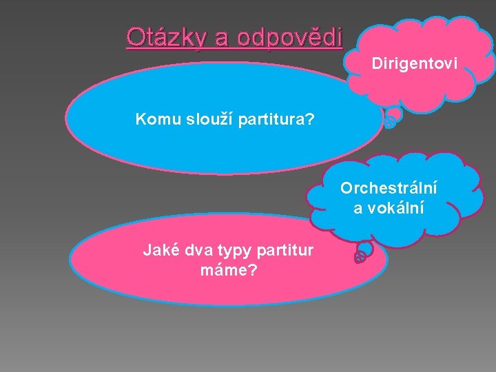 Otázky a odpovědi Dirigentovi Komu slouží partitura? Orchestrální a vokální Jaké dva typy partitur