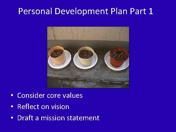 Personal Development Plan Part 1 • Consider core values • Reflect on vision •