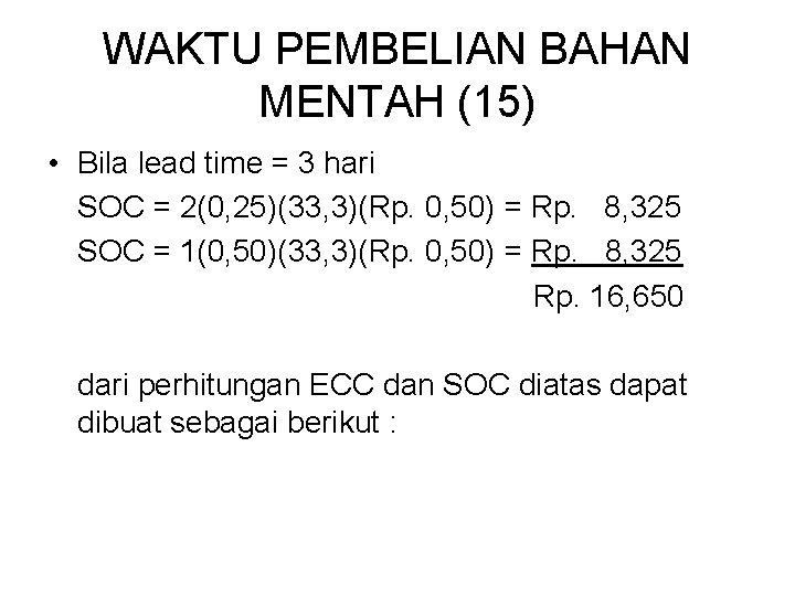 WAKTU PEMBELIAN BAHAN MENTAH (15) • Bila lead time = 3 hari SOC =