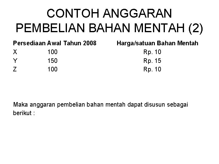 CONTOH ANGGARAN PEMBELIAN BAHAN MENTAH (2) Persediaan Awal Tahun 2008 Harga/satuan Bahan Mentah X