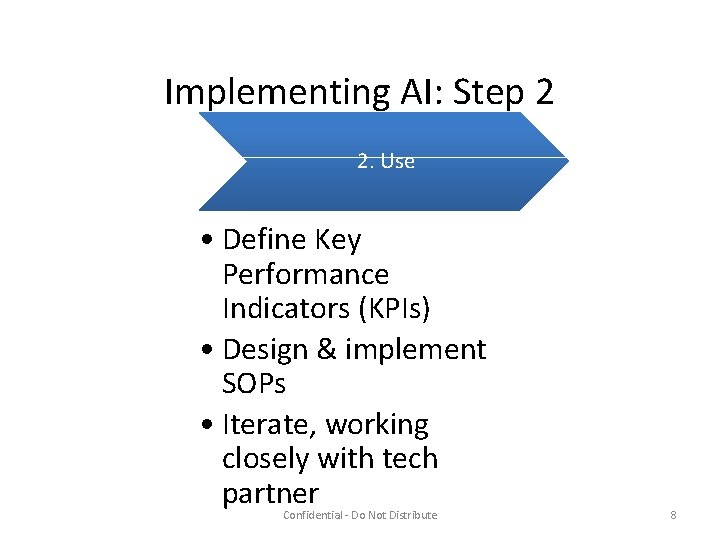 Implementing AI: Step 2 2. Use • Define Key Performance Indicators (KPIs) • Design