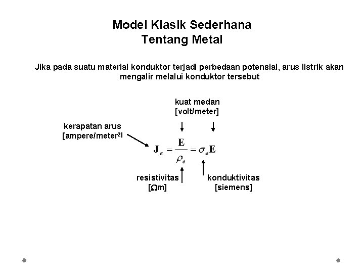 Model Klasik Sederhana Tentang Metal Jika pada suatu material konduktor terjadi perbedaan potensial, arus