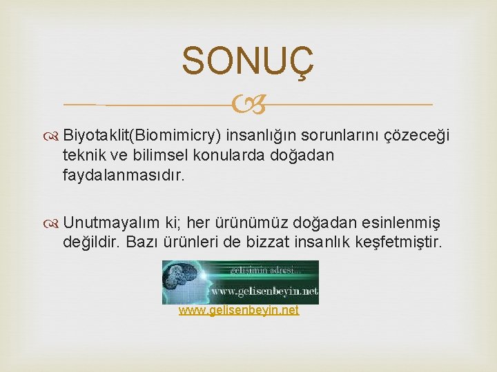 SONUÇ Biyotaklit(Biomimicry) insanlığın sorunlarını çözeceği teknik ve bilimsel konularda doğadan faydalanmasıdır. Unutmayalım ki; her