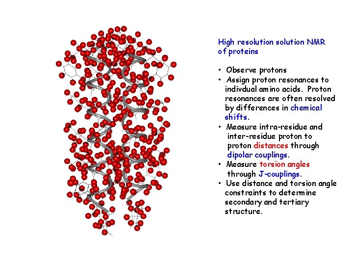 High resolution NMR of proteins • Observe protons • Assign proton resonances to indivdual