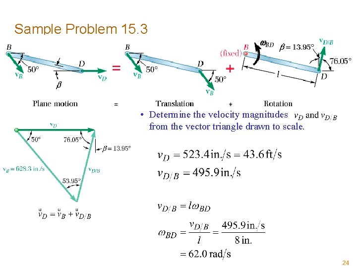 Sample Problem 15. 3 • Determine the velocity magnitudes from the vector triangle drawn