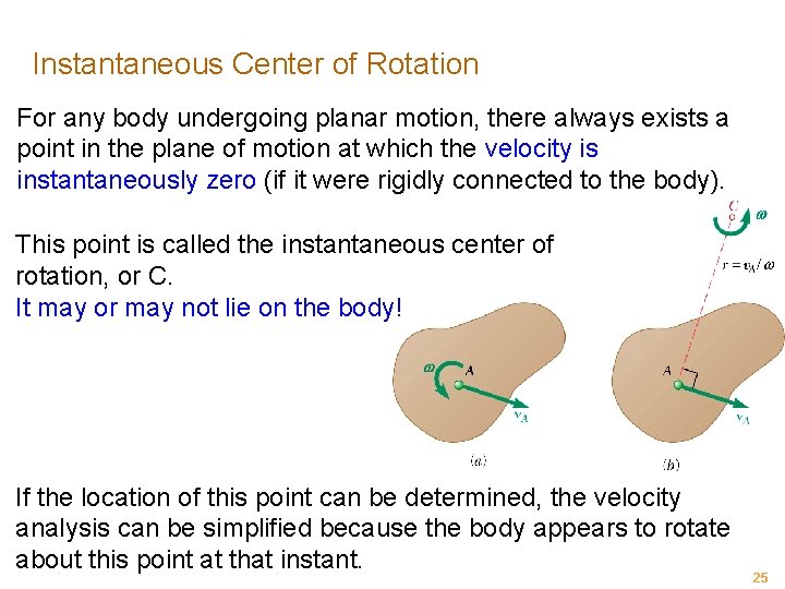 Instantaneous Center of Rotation For any body undergoing planar motion, there always exists a