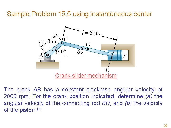 Sample Problem 15. 5 using instantaneous center Crank-slider mechanism The crank AB has a