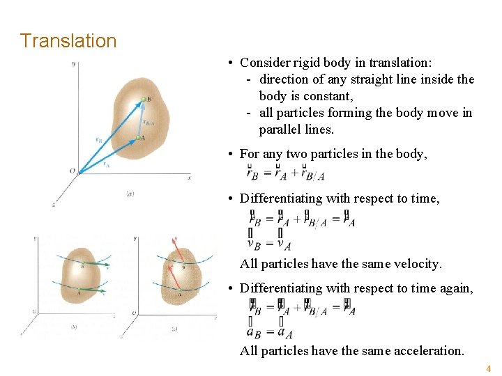 Translation • Consider rigid body in translation: - direction of any straight line inside