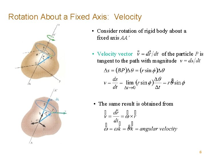 Rotation About a Fixed Axis: Velocity • Consider rotation of rigid body about a