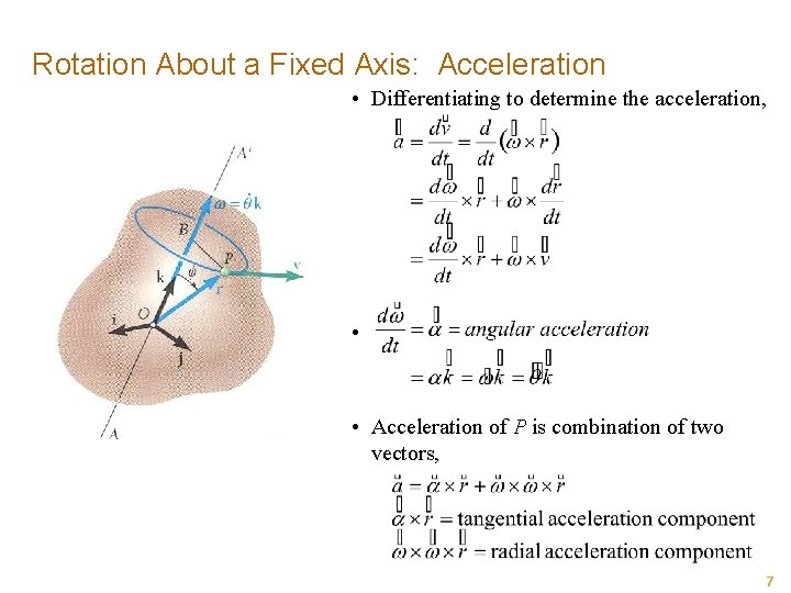 Rotation About a Fixed Axis: Acceleration • Differentiating to determine the acceleration, • •