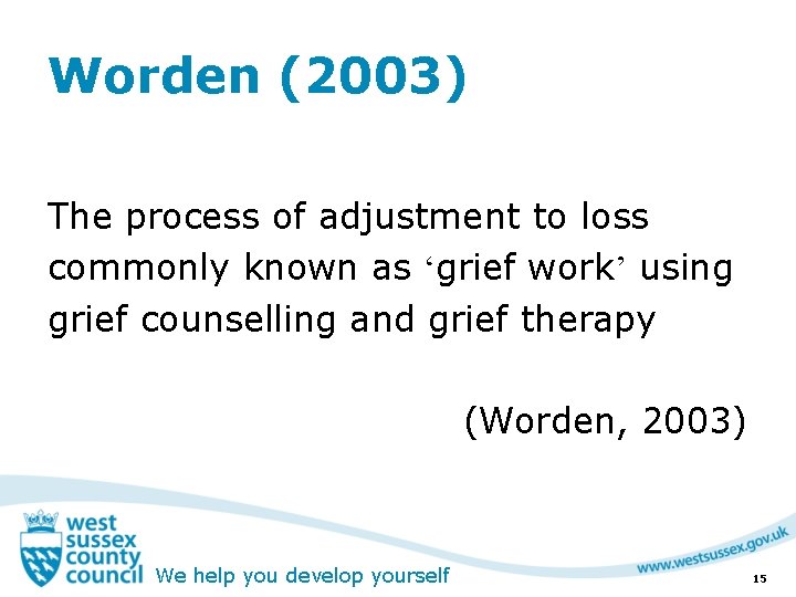 Worden (2003) The process of adjustment to loss commonly known as ‘grief work’ using