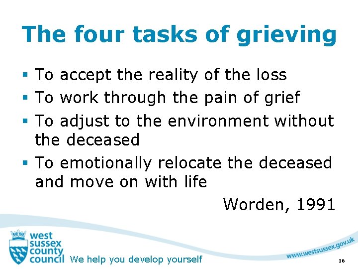 The four tasks of grieving § To accept the reality of the loss §
