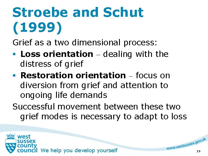 Stroebe and Schut (1999) Grief as a two dimensional process: § Loss orientation –