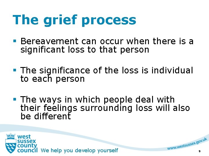 The grief process § Bereavement can occur when there is a significant loss to