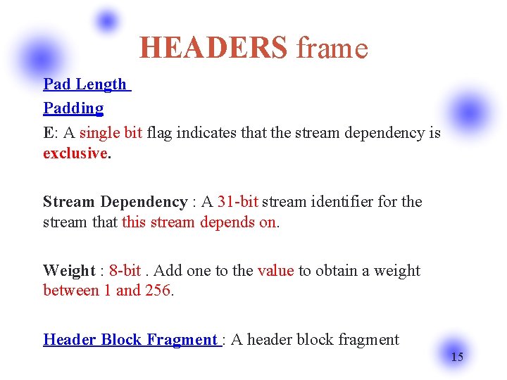HEADERS frame Pad Length Padding E: A single bit flag indicates that the stream