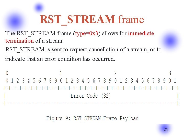 RST_STREAM frame The RST_STREAM frame (type=0 x 3) allows for immediate termination of a
